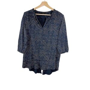 Lucky Brand Peasant Henley Tunic Top Navy Blue Floral Paisley 3/4 Sleeve 1X